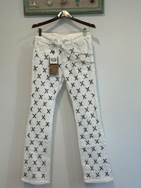 Watson White Embellished X Straight Jeans with Decorative Chain clip size 30 new